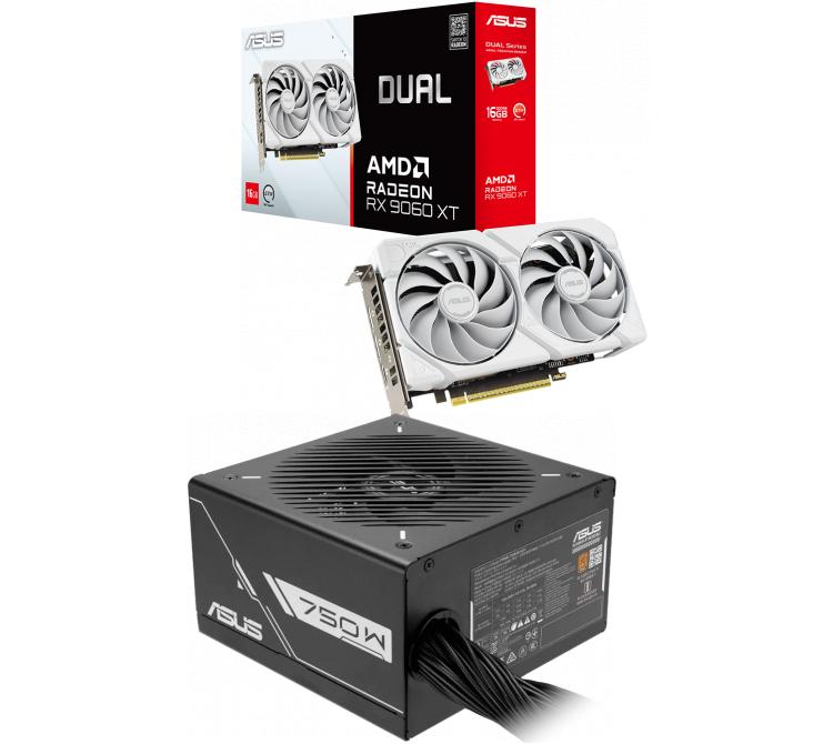 Combo ASUS DUAL Radeon RX 9060 XT 16GB OC White + Fuente ASUS PRIME 750W 80 Plus Bronze
