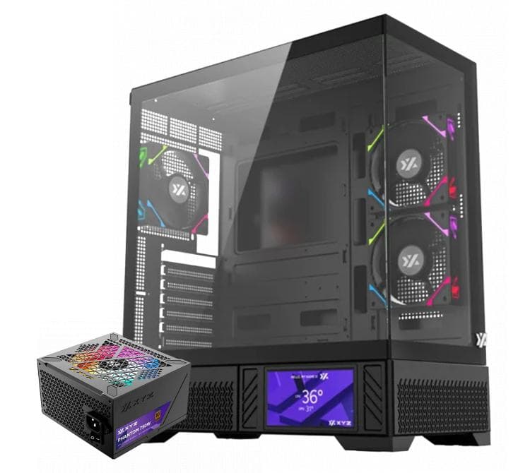 Combo XYZ Gabinete Aurorax 100 PRO Black 3x Fans ARGB LCD Display USB-C + Fuente 750W 80 Plus Bronze ARGB Phantom