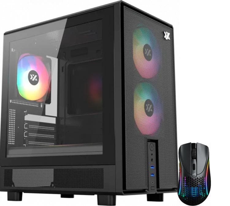 Gabinete XYZ ATOM Black 3x120mm ARGB Fans Mesh Black USB-C Gen2 Vidrio Templado + Mouse Glorious Model D 2 Wireless 2.4Ghz Bluetooth 5.2 Matte Black RGB 26K DPI 66gr 110Hs
