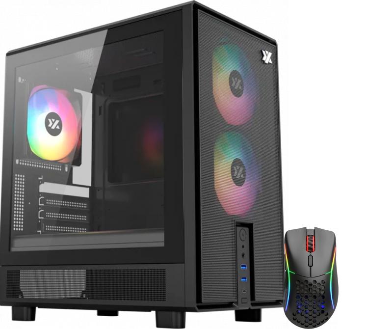 Gabinete XYZ ATOM Black 3x120mm ARGB Fans Mesh Black USB-C Gen2 Vidrio Templado + Mouse Glorious Model D Wireless 2.4Ghz Bluetooth 5.2 Matte Black 68gr 110hs