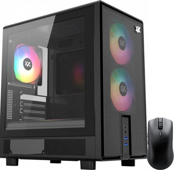 Gabinete XYZ ATOM Black 3x120mm ARGB Fans Mesh Black USB-C Gen2 Vidrio Templado + Mouse Glorious Model O 2 PRO Wireless 2.4Ghz Black USB-C 59gr 4K/8K hz 80Hs