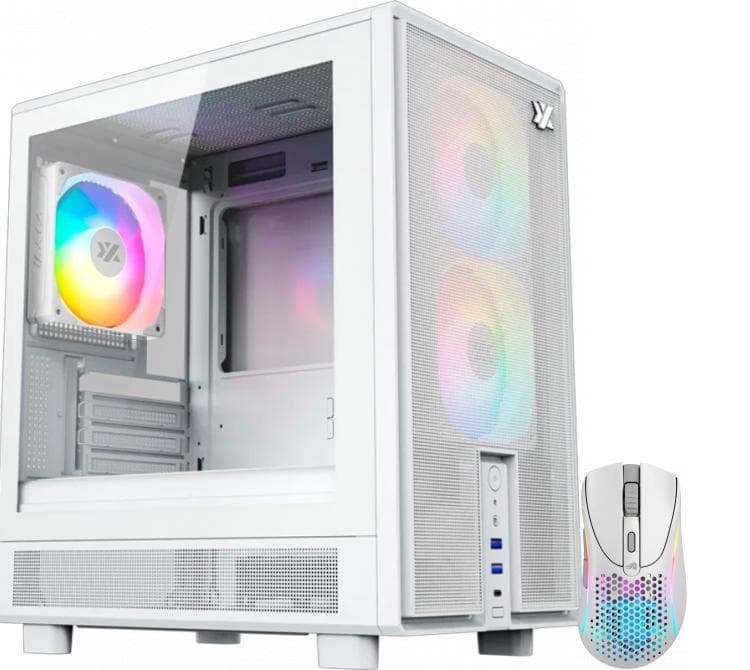 Gabinete XYZ ATOM WHITE 3x120mm ARGB Fans Mesh White USB-C Gen2 Vidrio Templado + Mouse Glorious Model D 2 Wireless 2.4Ghz Bluetooth 5.2 Matte White RGB 26K DPI 66gr 110Hs
