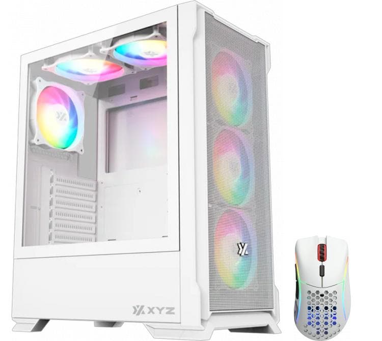 Gabinete XYZ Airone 300-X Mesh White 6x120mm ARGB Fans USB-C Vidrio Templado + Mouse Glorious Model D Wireless 2.4Ghz Bluetooth 5.2 Matte White 68gr 110hs