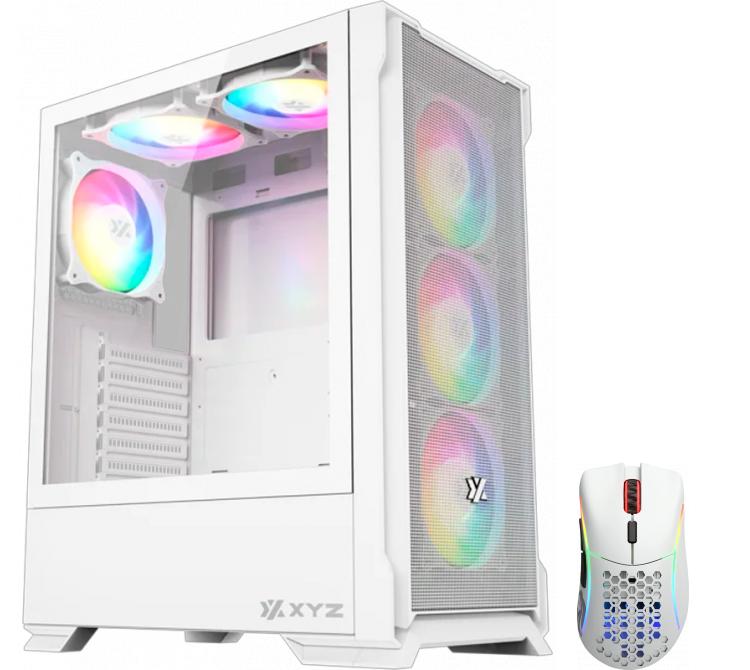 Gabinete XYZ Airone 300-X Mesh White 6x120mm ARGB Fans USB-C Vidrio Templado + Mouse Glorious Model D Wireless 2.4Ghz Bluetooth 5.2 Matte White 68gr 110hs