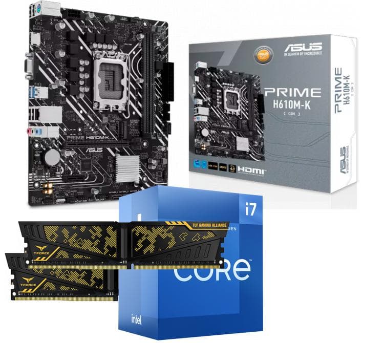 Kit Procesador Intel Core I7 12700 4.9GHz Turbo (Con Video Integrado) + Mother ASUS PRIME H610M-K CSM DDR4 S1700 + 2x Memoria Team DDR4 8GB 3200Mhz Vulcan ASUS TUF Alliance CL16