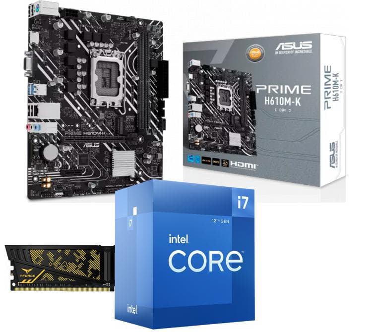 Kit Procesador Intel Core I7 12700 4.9GHz Turbo (Con Video Integrado) + Mother ASUS PRIME H610M-K CSM DDR4 S1700 + Memoria Team DDR4 8GB 3200Mhz Vulcan ASUS TUF Alliance CL16