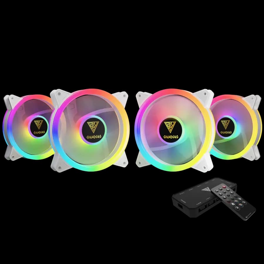 Kit Fan Cooler GAMDIAS AEOLUS M2-1204R WH 4x120mm ARGB 1500rpm Blanco c/ Controladora y Remoto
